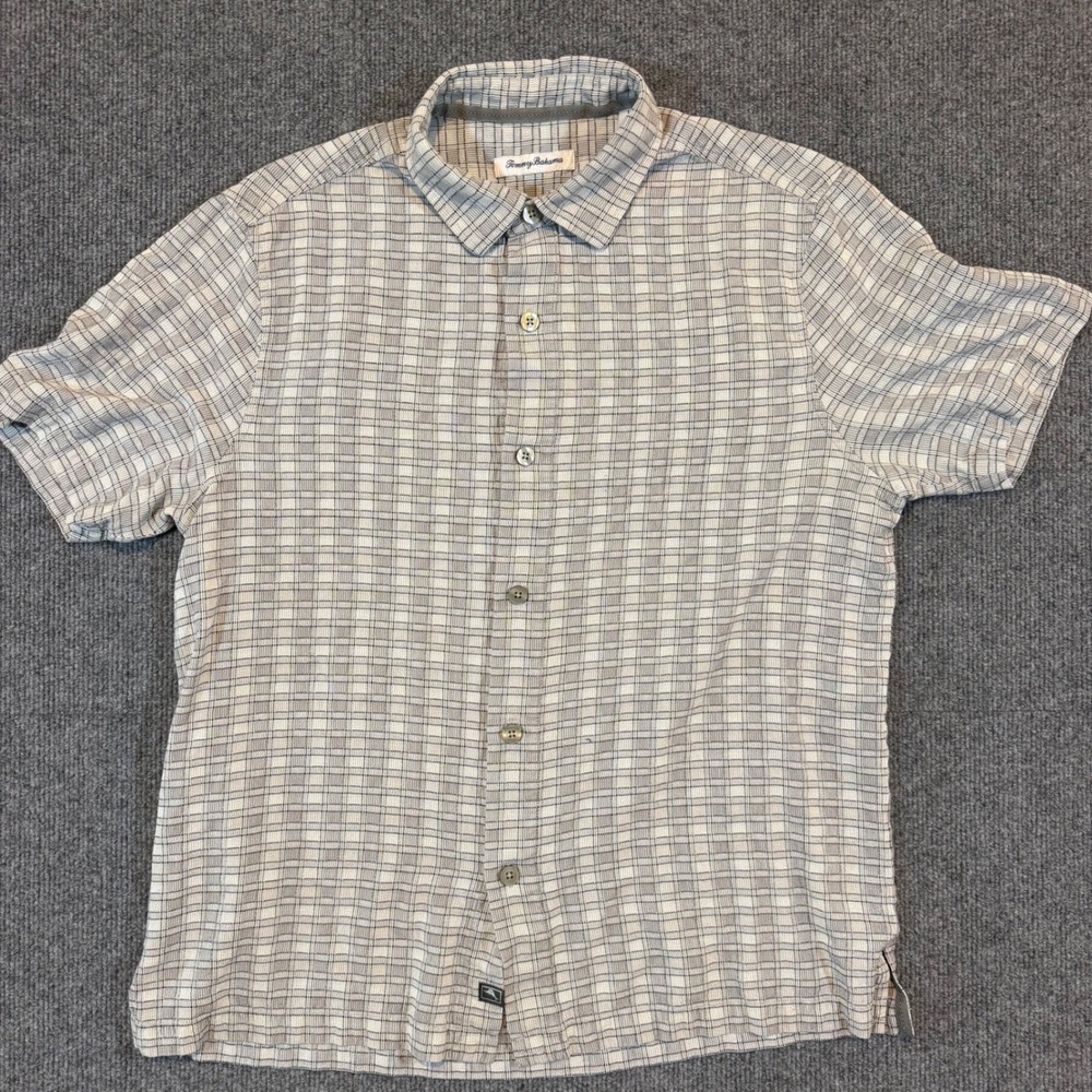 Tommy Bahama Mens Large 100% Silk Grey Grid Textured Short Sleeve Button Shirt